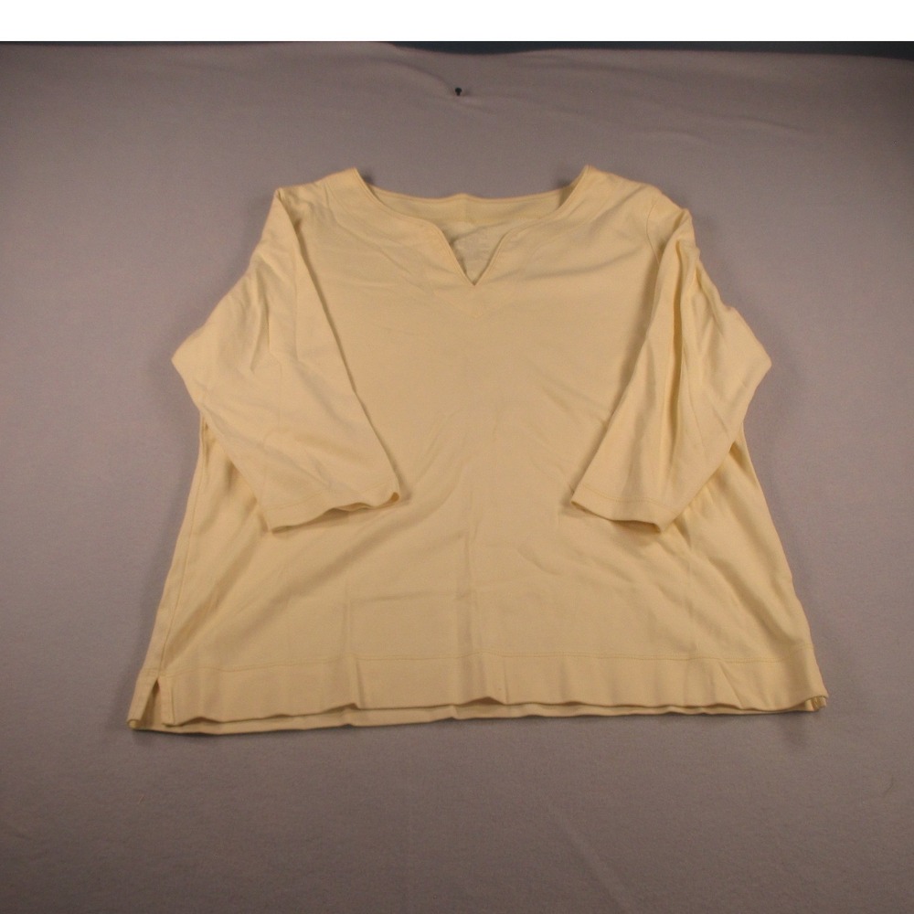 LL Bean Pima Cotton T-Shirt Women Large Yellow 3/4 Sleeve Notch V-Neck Tee Top
